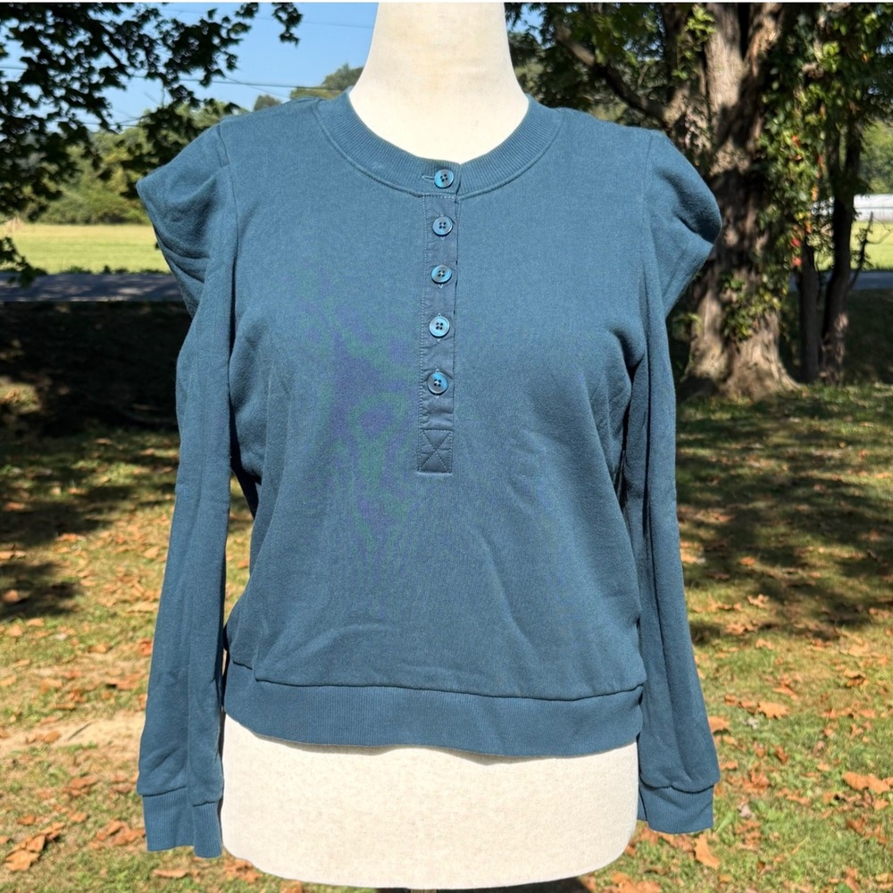 Nation LTD Los Angeles Teal Cotton Puff Shoulder Henley Sweatshirt Large Womens
